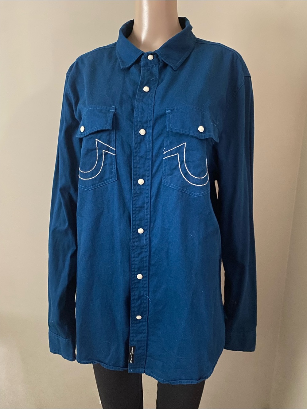 True Religion Snap buttons Stitching logos blue shirt, men’s large